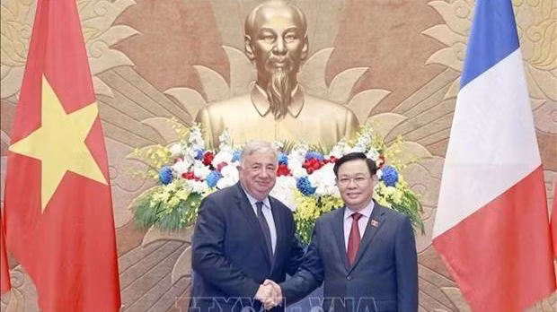 Le Président du Sénat français, Gérard Larcher (à gauche), et le Président de l'Assemblée nationale vietnamienne, Vuong Dinh Huê. Photo : VNA. 