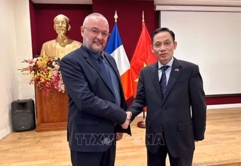 Le secrétaire du Comité central du Parti communiste du Vietnam et chef de sa Commission centrale des relations extérieures, Lê Hoai Trung (droite), a rencontré le 4 octobre à Paris le secrétaire international au sein du Parti socialiste de France, Dylan Boutiflat. Photo : VNA.