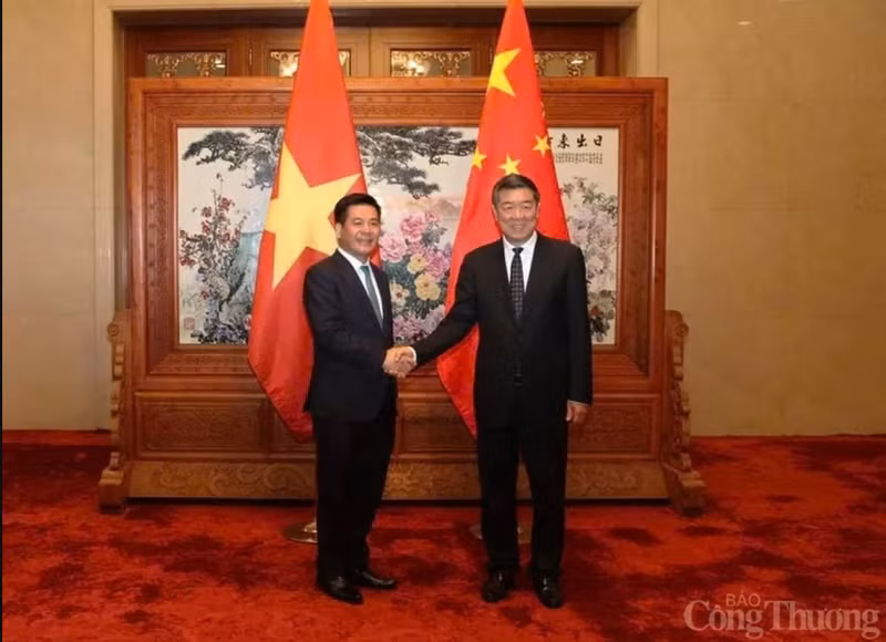 Le ministre vietnamien de l'Industrie et du Commerce Nguyen Hong Dien (gauche) a eu une entrevue le 30 septembre à Pékin avec le vice-Premier ministre chinois He Lifeng. Photo : VNA