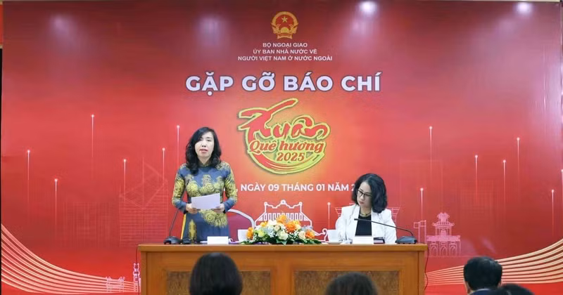 La vice-ministre des Affaires étrangères Le Thi Thu Hang (debout), présidente du Comité d'État pour les Vietnamiens d'outre-mer, lors du point de presse tenu dans l'après-midi du 9 janvier à Hanoï. Photo : VNA 