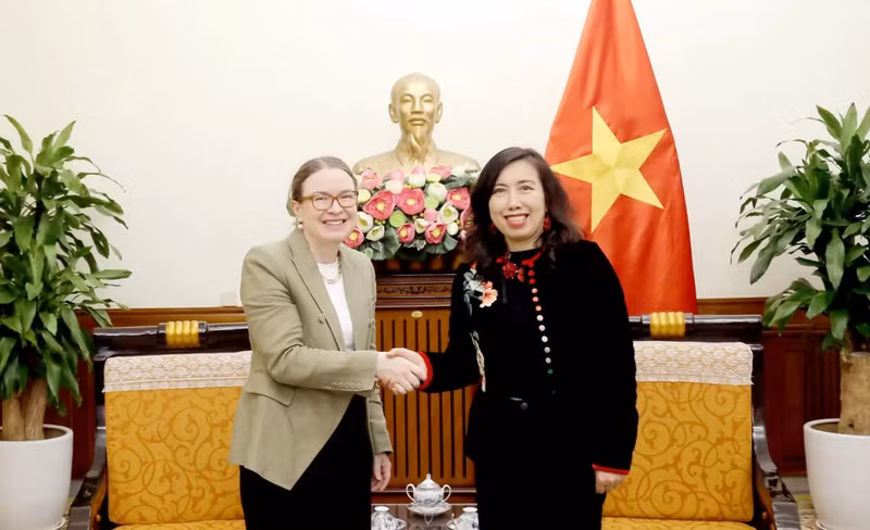 La vice-ministre des Affaires étrangères Le Thi Thu Hang (à droite) et l'ambassadrice d'Irlande au Vietnam, Deirdre Ní Fhallúin. Photo : baoquocte