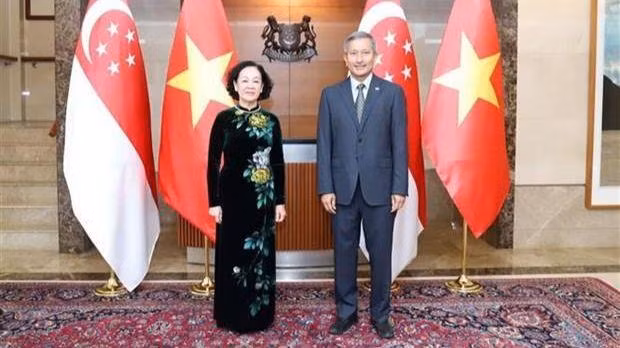 La présidente de la Commission d’organisation du Comité central du PCV, Truong Thi Mai, et le ministre singapourien des Affaires étrangères Vivian Balakrishnan. Photo : VNA. 