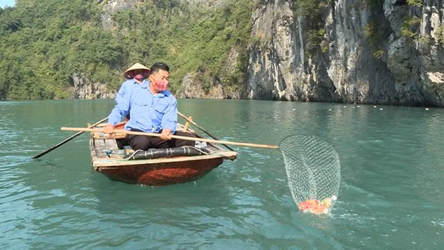Les travailleurs ramassent déchets en plastiques flottant sur la baie de Ha Long. Photo : baoquangninh.com.vn