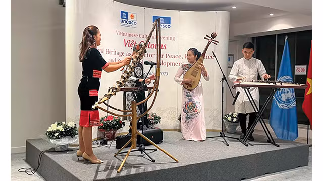 Les artistes présentent des instruments de musique traditionnels vietnamiens dans le cadre du programme "Journée du Vietnam en France", le 6 novembre 2023. Photo : VNA.