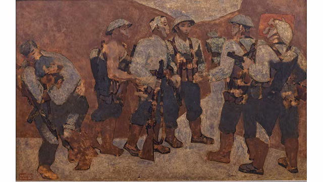 L'œuvre « Admission au Parti communiste du Vietnam à Diên Biên Phu » réalisée par le peintre Nguyên Sang en 1963 sur laque poncée. Photo : Musée des beaux-arts du Vietnam.