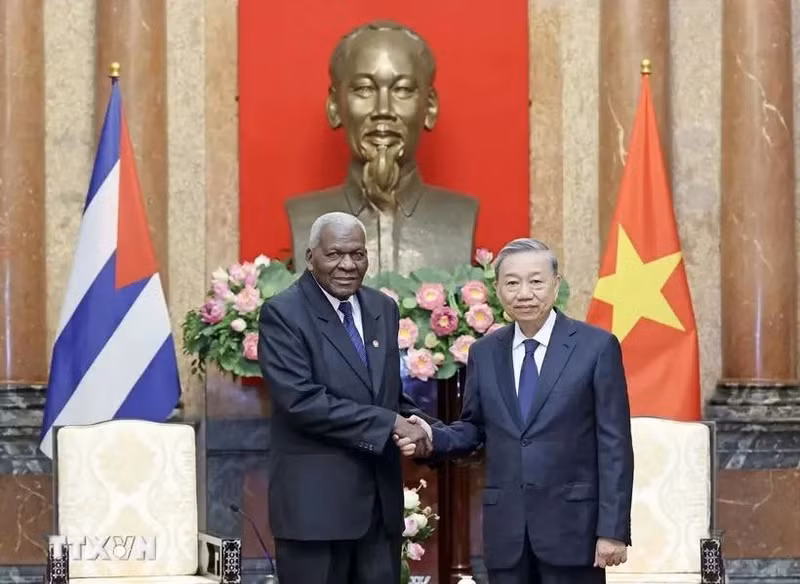 Le Secrétaire général du Comité central du Parti communiste du Vietnam et Président To Lam (droite) reçoit le président de l'Assemblée nationale du Pouvoir populaire et du Conseil d'État de Cuba, Esteban Lazo Hernández. Photo : VNA.