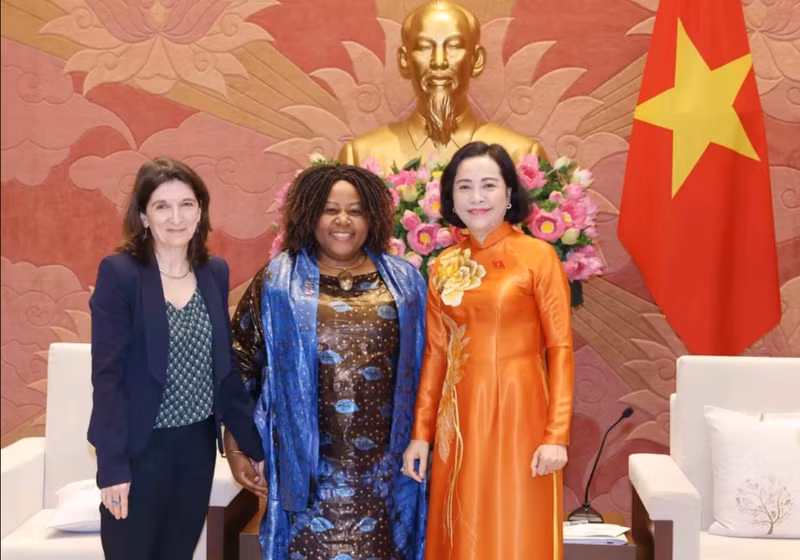 La vice-présidente de l’Assemblée nationale, Nguyên Thi Thanh (1ère du droite), a reçu mardi, 4 mars, à Hanoï Caroline Nyamayemombe,, eprésentante en chef de l’ONU Femmes au Vietnam, et Michaela Bauer, représentante adjointe de l’UNICEF au Vietnam. Photo : VNA.