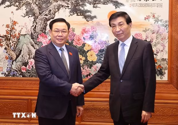 Le Président de l’Assemblée nationale du Vietnam Vuong Dinh Huê (à gauche) et le président du Comité national de la Conférence consultative politique du peuple chinois, Wang Huning. Photo : VNA.