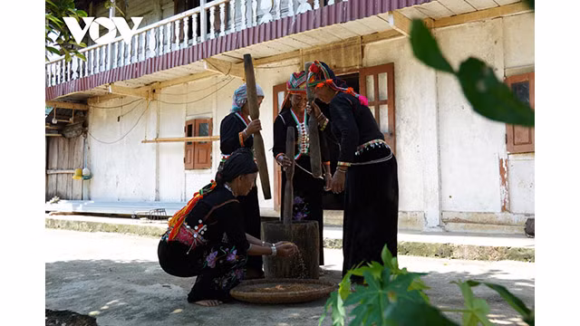 Le « cốm » pour célébrer le nouveau riz sont pilés à la main selon les coutumes traditionnelles de l’ethnie Khơ Mú. Photo : VOV.
