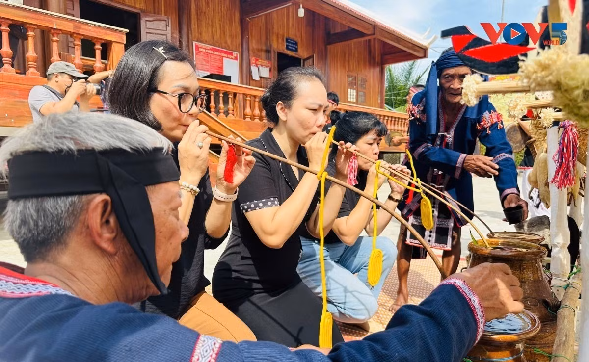 Les villageois invitent les visiteurs à partager des jarres d'alcool de riz que l'on sirote ensemble à l'aide de longues pailles, lors de la cérémonie de prière pour une bonne récolte des Bahnars. Photo : VOV.