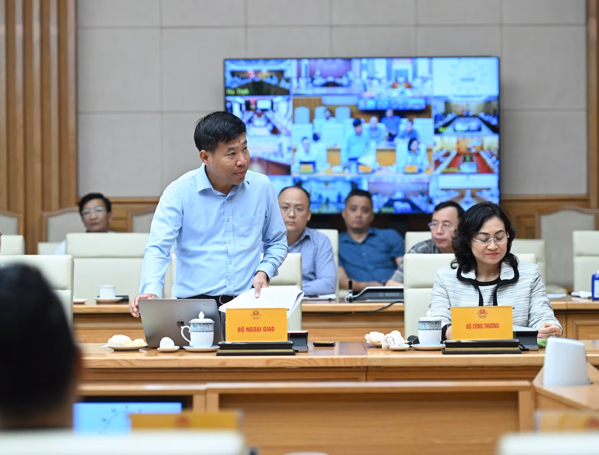 Le vice-ministre vietnamien des Affaires étrangères, Nguyen Manh Cuong (debout), prend la parole lors de la réunion. Photo : Tran Hai/NDEL