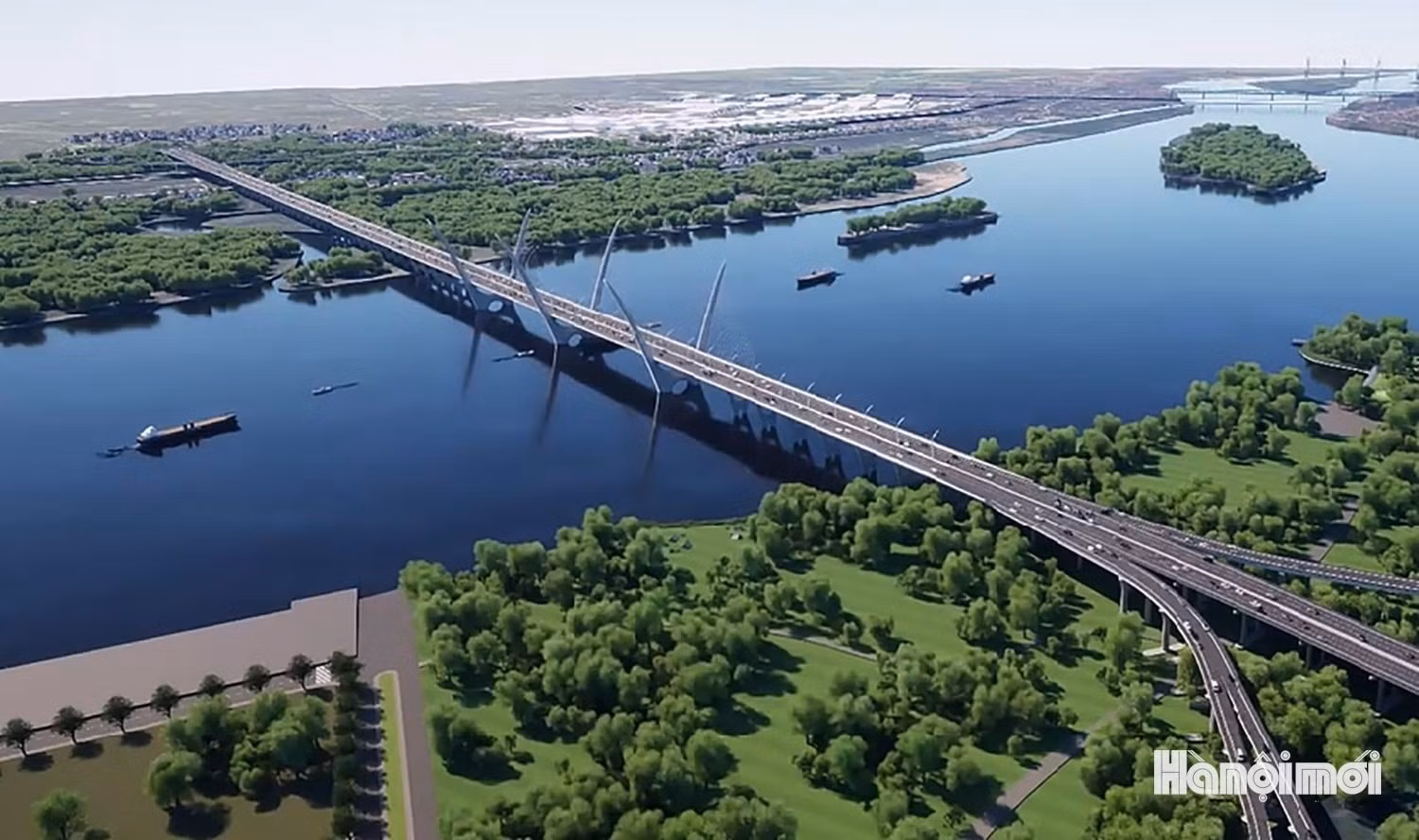 D'un investissement total de près de 8 300 milliards de dongs (348,6 millions de dollars), le pont Thuong Cat, d'une longueur de 820 m et d'une largeur de 33 m, devrait réduire les embouteillages et stimuler le développement socioéconomique de la capitale. Photo : hanoimoi.
