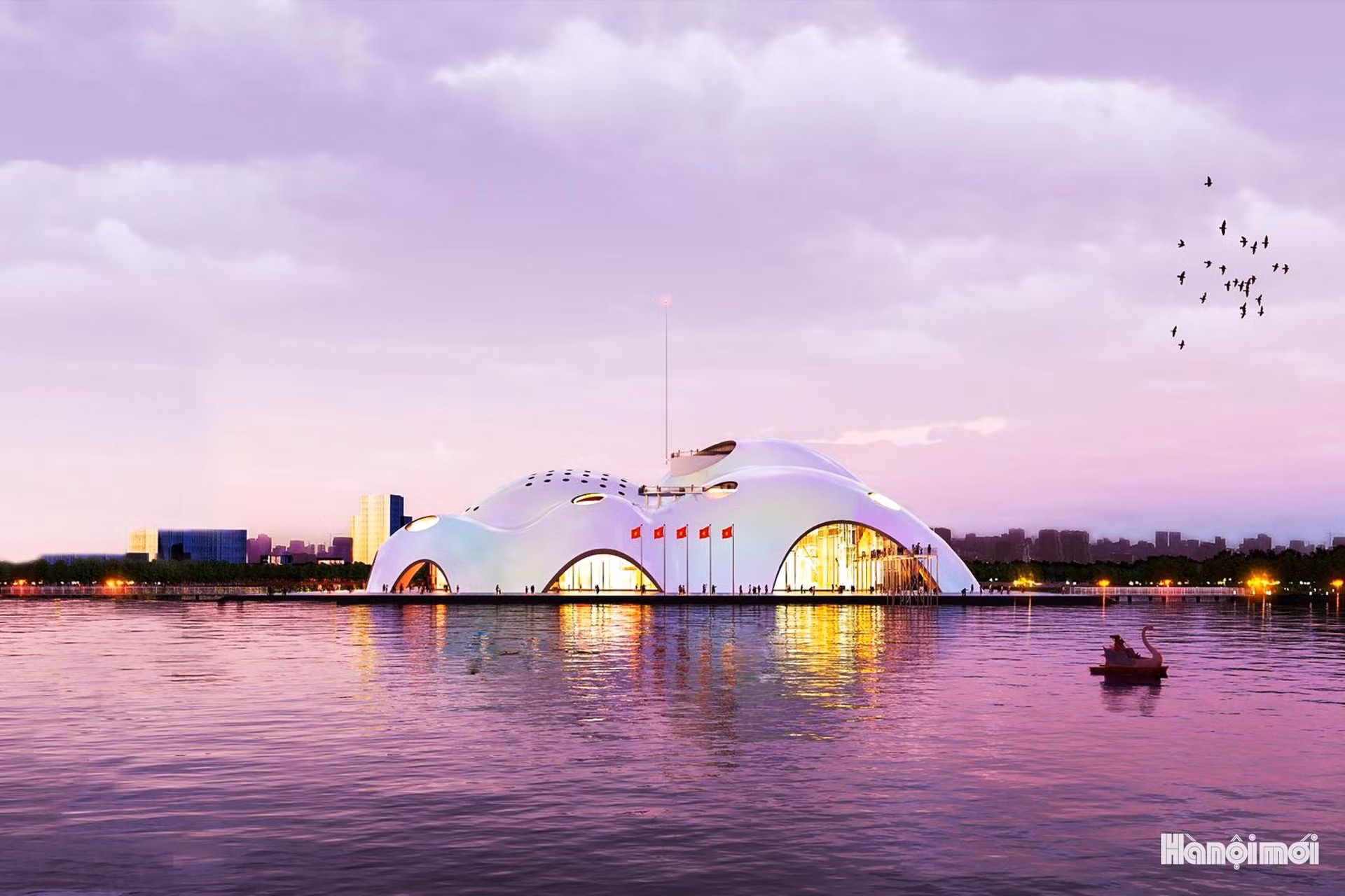 L'opéra de Hanoï, également connu sous le nom d'opéra de la Perle, a été conçu par le célèbre architecte italien Renzo Piano, l'un des architectes les plus influents du XXe siècle. Sa structure en dôme s’inspire des ondulations du lac de l’Ouest. Son toit ultrafin, à la fois léger et résistant, sera recouvert d’un matériau nacré reflétant les nuances changeantes de la surface du lac au fil de la journée. Photo : hanoimoi.
