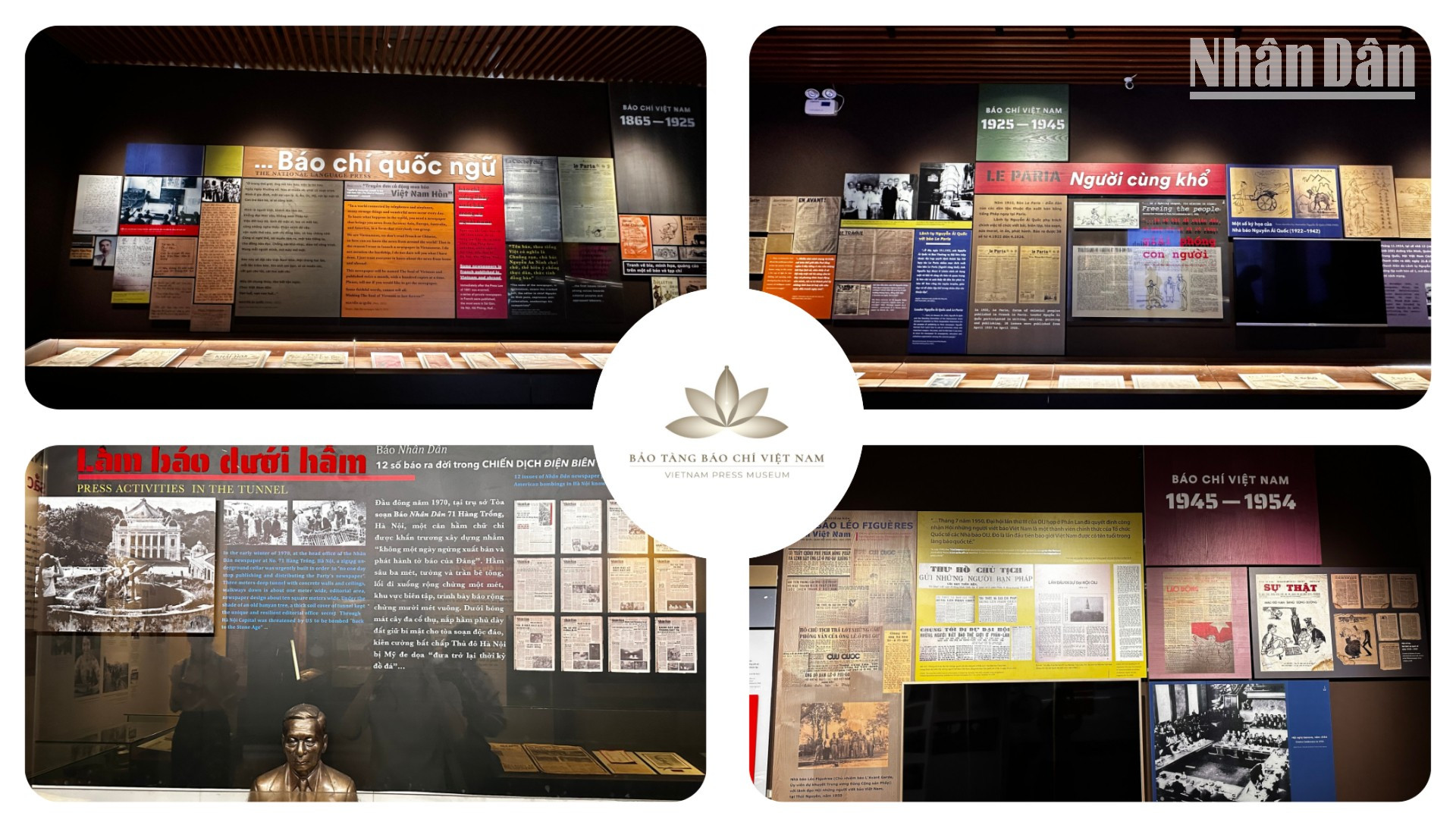 Le premier étage comprend une salle protocolaire et quatre espaces chronologiques (1865-1925 ; 1925-1945 ; 1945-1954 ; 1954-1975) retraçant le parcours héroïque de la presse révolutionnaire vietnamienne ainsi que les figures de journalistes engagés pour la vérité et la Patrie. anh-3-981.jpg