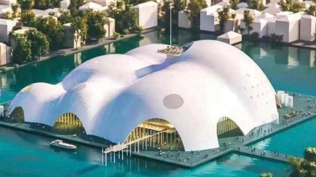 Le futur Théâtre de la Perle, posé sur les eaux du lac de l’Ouest et du marais de Tri. Le futur Théâtre de la Perle, posé sur les eaux du lac de l’Ouest et du marais de Tri.