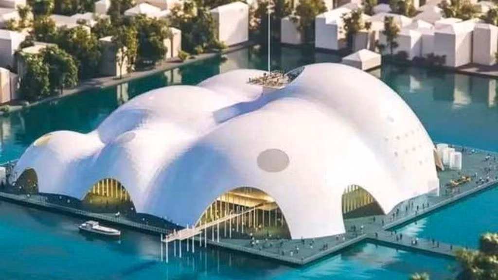 Le futur Théâtre de la Perle, posé sur les eaux du lac de l’Ouest et du marais de Tri.