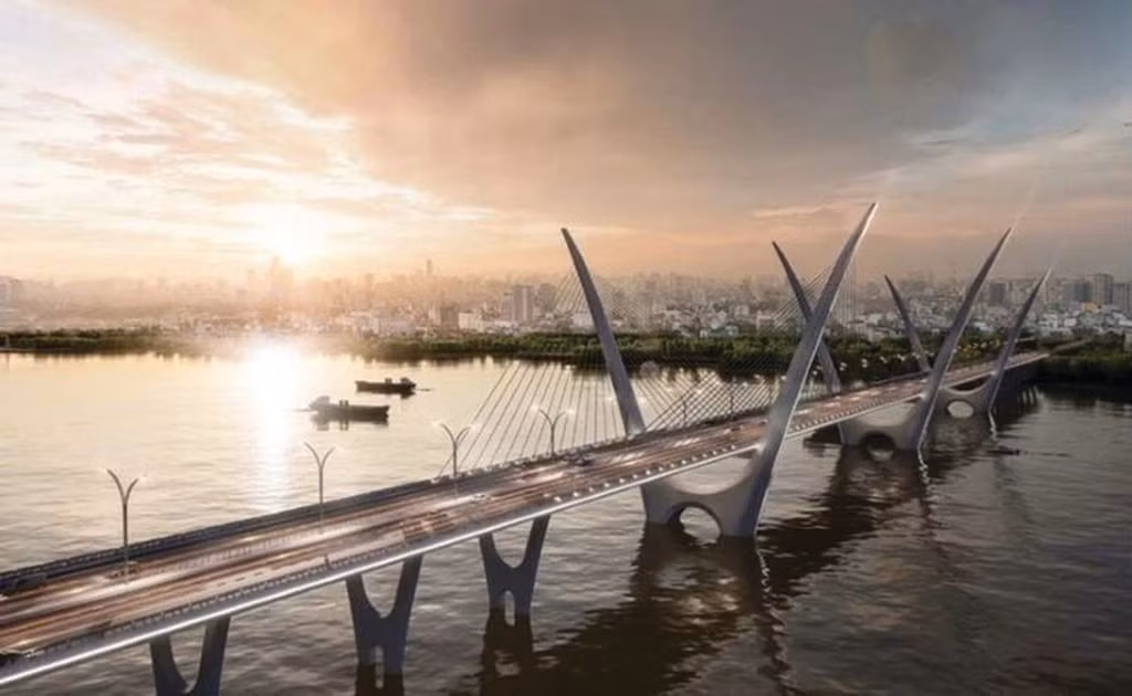Illustration du pont Thuong Cat au-dessus du fleuve Rouge.