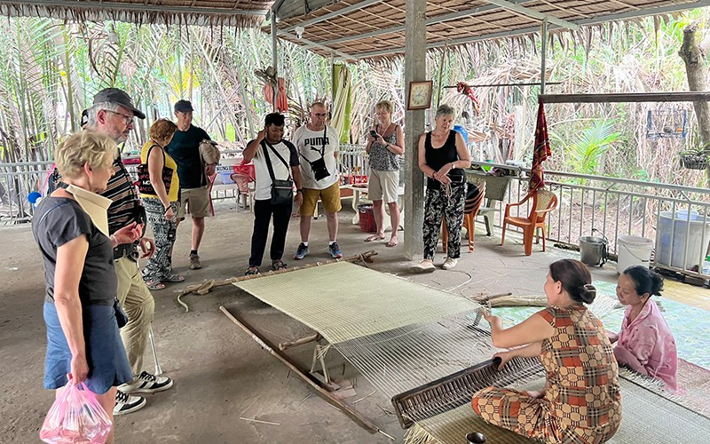 Des touristes étrangers regardent des villageois pratiquant le tissage des nattes dans la commune de Nhon Thach, province de Bên Tre. Photo : NDEL