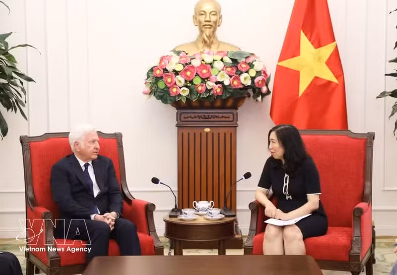 La vice-ministre des Affaires étrangères Le Thi Thu Hang et le consul honoraire du Vietnam en Irlande, Patrick McKillen, à Hanoï. Photo : VNA.