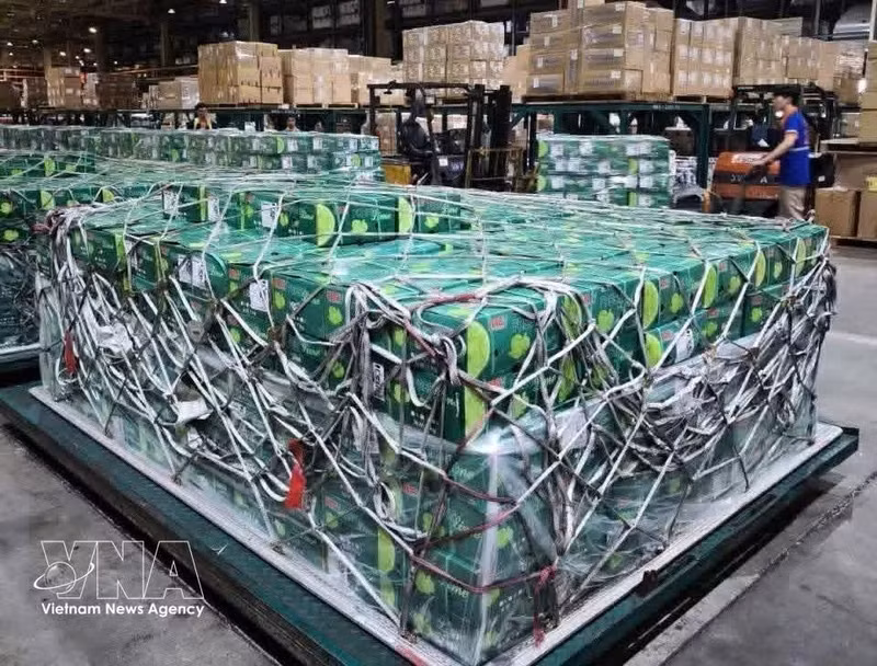 Les marchandises sont acheminées vers l'entrepôt en attendant leur transport vers le réseau de supermarchés du groupe Lulu. Photo: VNA