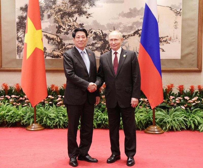 Le président vietnamien Luong Cuong (à gauche) et le président russe Vladimir Poutine se serrent la main, à Pékin, le 3 septembre. Photo : VNA