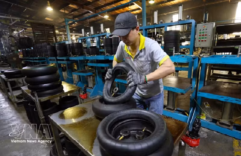 La production de pneus de moto a lieu dans l'usine de CAMEL Vietnam Rubber Co., Ltd., une entreprise détenue à 100 % par des capitaux thaïlandais et située dans la zone économique de la porte frontalière internationale de Lao Bao, dans la province de Quang Tri. (Photo : VNA)