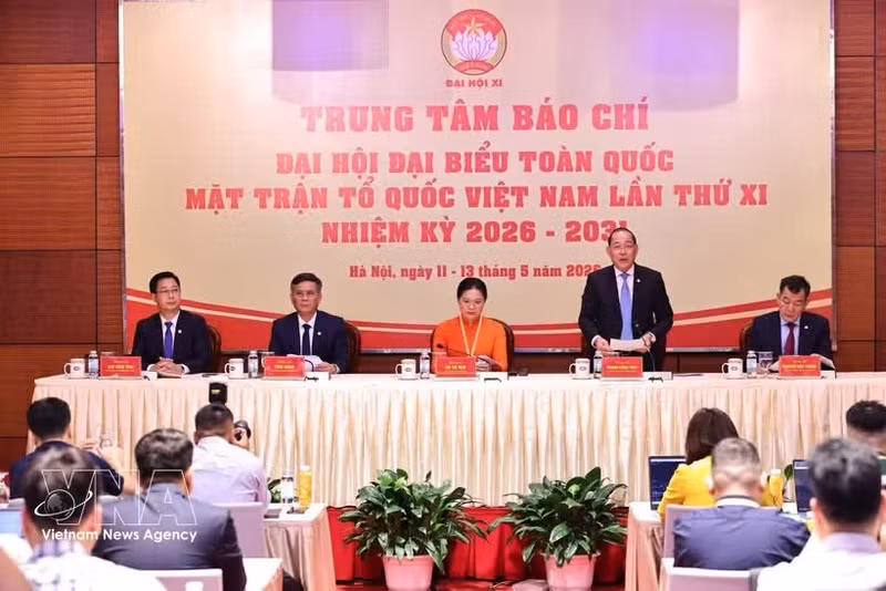 Vue de la conférence de presse annonçant les résultats du 11e Congrès national du Front de la Patrie du Vietnam (FPV). Photo : VNA.