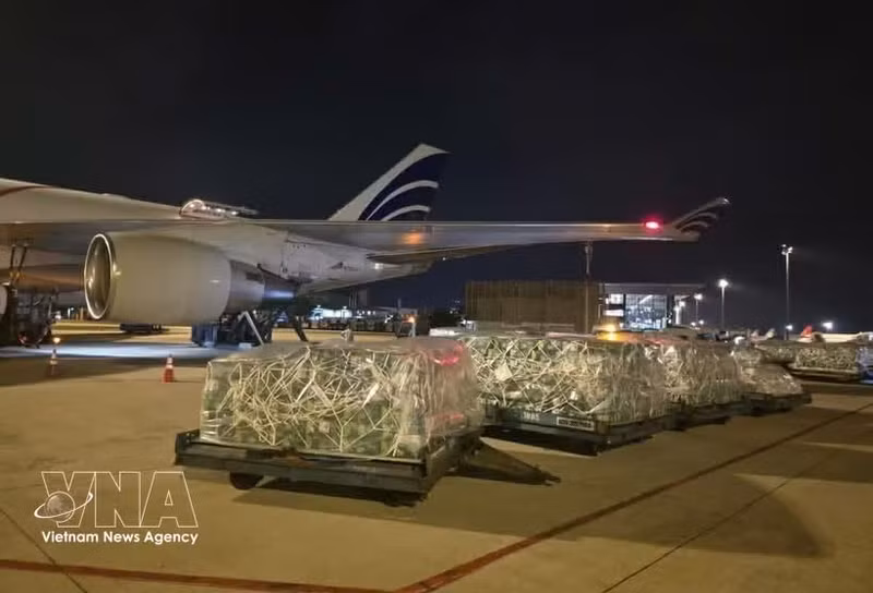 Le déchargement des marchandises a lieu à l'aéroport. Photo : VNA.