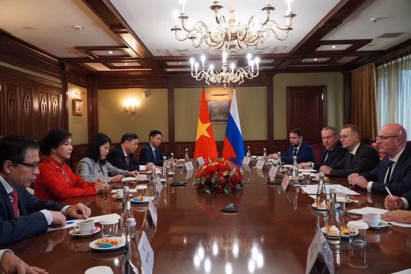 Madame Ngo Phuong Ly, épouse du secrétaire général du Parti communiste du Vietnam, To Lam, rencontre le vice-Premier ministre russe Dmitry Chernyshenko. Photo : VNA.