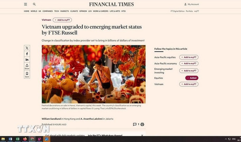 FTSE Russell hisse le Vietnam parmi les marchés émergents. Photo : VNA.