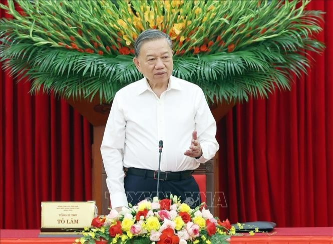 Le secrétaire général du Parti, To Lam, s'exprime lors de l'événement. Photo : VNA.