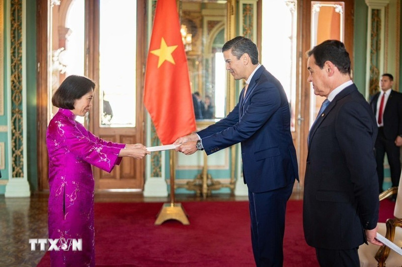L’ambassadrice du Vietnam, Ngo Minh Nguyet, présente ses lettres de créance au président paraguayen, Santiago Peña Palacios. Photo : VNA.