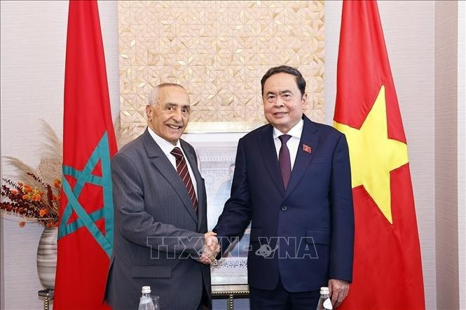 Le président de l’Assemblée nationale du Vietnam, Tran Thanh Man (à droite) serre la main du président de l’Association d’amitié Maroc-Vietnam, Mustapha El Ktiri. Photo : VNA.