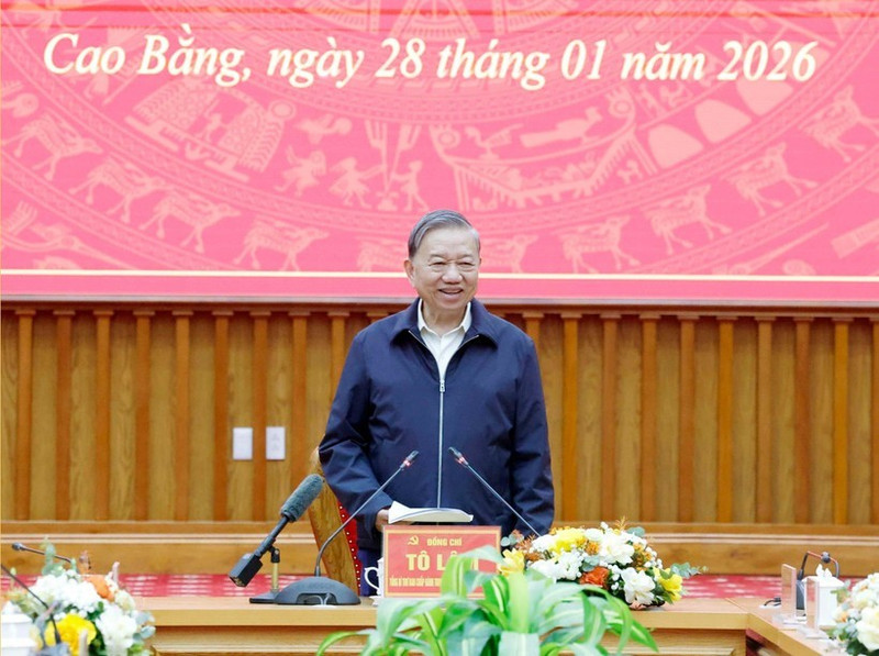 Le secrétaire général du Parti, Tô Lâm, s’exprime lors de la réunion de travail avec le Comité du Parti de la province de Cao Bang, le 28 janvier. Photo : VNA.