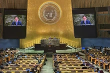 Lors d'une séance de travail au siège des Nations Unies à New York. Photo : Mission permanente du Vietnam auprès de l’ONU.