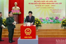 Le Président Luong Cuong dépose son bulletin de vote pour les élections des députés de la XVIe législature de l'Assemblée Nationale et des membres des Conseils Populaires à tous les niveaux pour le mandat 2026-2031. Photo: NDEL