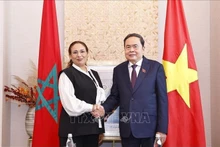 Le président de l’Assemblée nationale du Vietnam, Tran Thanh Man serre la main de la présidente du Groupe d’amitié parlementaire Maroc-Vietnam, Lubna Srhiri. Photo : VNA.