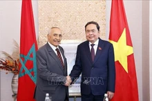 Le président de l’Assemblée nationale du Vietnam, Tran Thanh Man (à droite) serre la main du président de l’Association d’amitié Maroc-Vietnam, Mustapha El Ktiri. Photo : VNA.