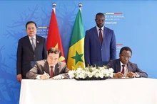 Le président de l'Assemblée nationale du Vietnam, Tran Thanh Man, et le Premier ministre sénégalais, Ousmane Sonko, assistent à la signature d'un protocole d'accord sur le commerce du riz entre le ministère vietnamien de l'Industrie et du Commerce et le ministère sénégalais de l'Industrie et du Commerce. Photo : VNA