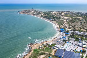Le littoral de Co Thach, situé à environ 100 kilomètres au nord de la ville de Phan Thiet, s’étire en une courbe harmonieuse qui enlace les vastes eaux bleues de la mer. Photo : baoquangninh.vn
