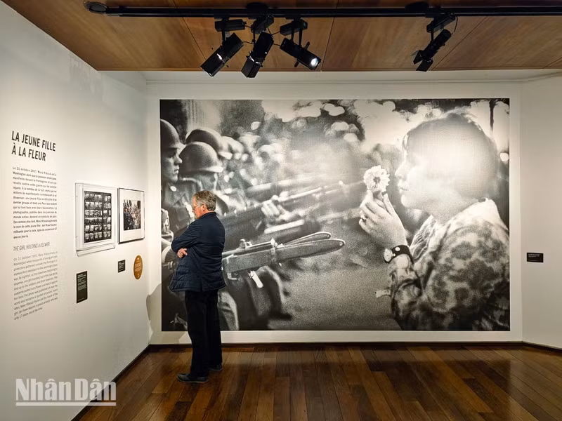 Parmi les œuvres exposées, on retrouve des images emblématiques comme « La fille à la fleur ». C’est l’image saisissante d’une jeune manifestante brandissant une fleur devant des soldats armés, prise lors d’une mobilisation contre la guerre devant le Pentagone (à Washington) en octobre 1967. Devenue un symbole universel du désir de paix, cette scène illustre l’intensité du mouvement antiguerre aux États-Unis. Photo : NDEL