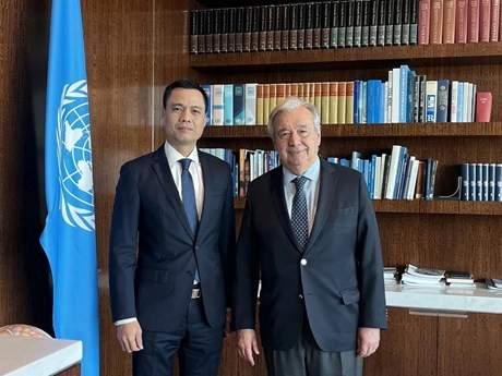 L'ambassadeur Dang Hoàng Giang, chef de la mission permanente du Vietnam auprès l'ONU (à gauche) et le secrétaire général de l'ONU, Antonio Guterres. Photo : VNA.