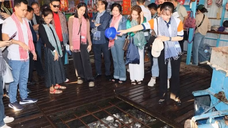 Les touristes visitent des cages à poissons dans le village piscicole de Châu Dôc. La pisciculture en cages flottantes est un des traits culturels du delta du Mékong. Photo : NDEL.