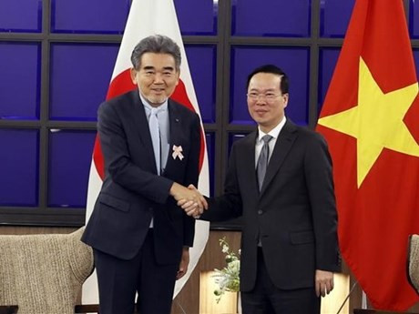 Le Président vietnamien, Vo Van Thuong (à droite) et le professeur Mitsuo Ochi, recteur de l’Université Hiroshima, le 30 novembre à Fukuoka. Photo : VNA.