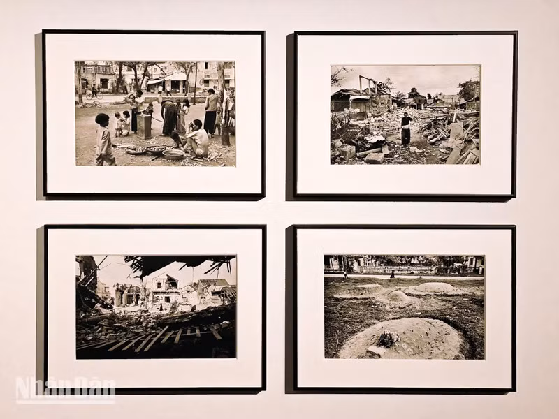 Les photos de Marc Riboud ne montrent pas les combats mais la vie qui continue dans les ruines : des enfants jouant dans les décombres, des amoureux se rencontrant près des abris anti-bombes ou des agriculteurs replantant des rizières à l’ombre des bombardiers américains. Photo : NDEL.