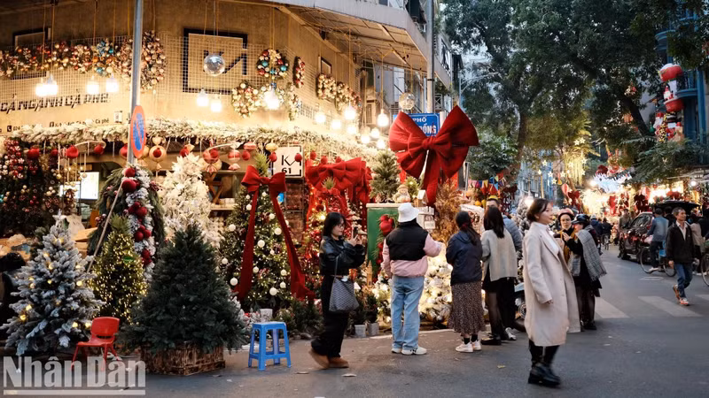 Ces jours-ci, les rues du vieux quartier de Hanoï comme Hang Ma, Luong Van Can, Hang Bo et Cha Ca s’illuminent avec des articles de décorations de Noël colorés : sapins de Noël, guirlandes, rennes, lumières scintillantes, couronnes, cordes à neige, cannes en sucre, vêtements et accessoires de Père Noël. Photo : Trung Hieu/NDEL.