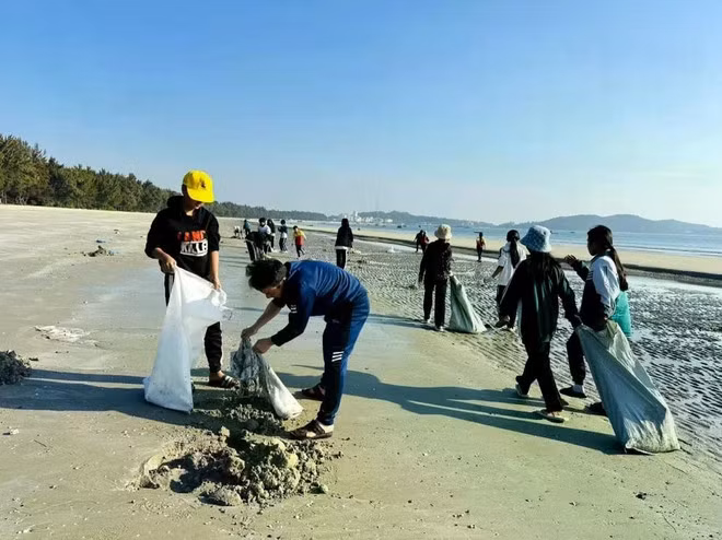 Des bénévoles participent au nettoyage de la plage de l’île de Cô Tô, province de Quang Ninh. Photo : VNA