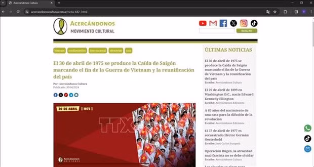 La page argentine CercandonosCultura publie l'article qui rappelle avec respect la libération du Sud et la réunification nationale du Vietnam il y a 49 ans, le 30 avril 1975. Photo : VNA
