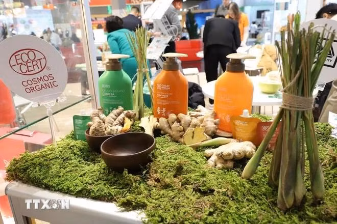 Produits de shampoing bio de l’entreprise vietnamienne Co Cay Hoa La présentés au salon Biofach 2025. Photo : VNA 
