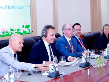 Le ministre néerlandais des Infrastructures et de la Gestion de l’eau, Mark Harbers, s'exprime lors du séminaire. Photo : ministère vietnamien des Ressources naturelles et de l’Environnement.